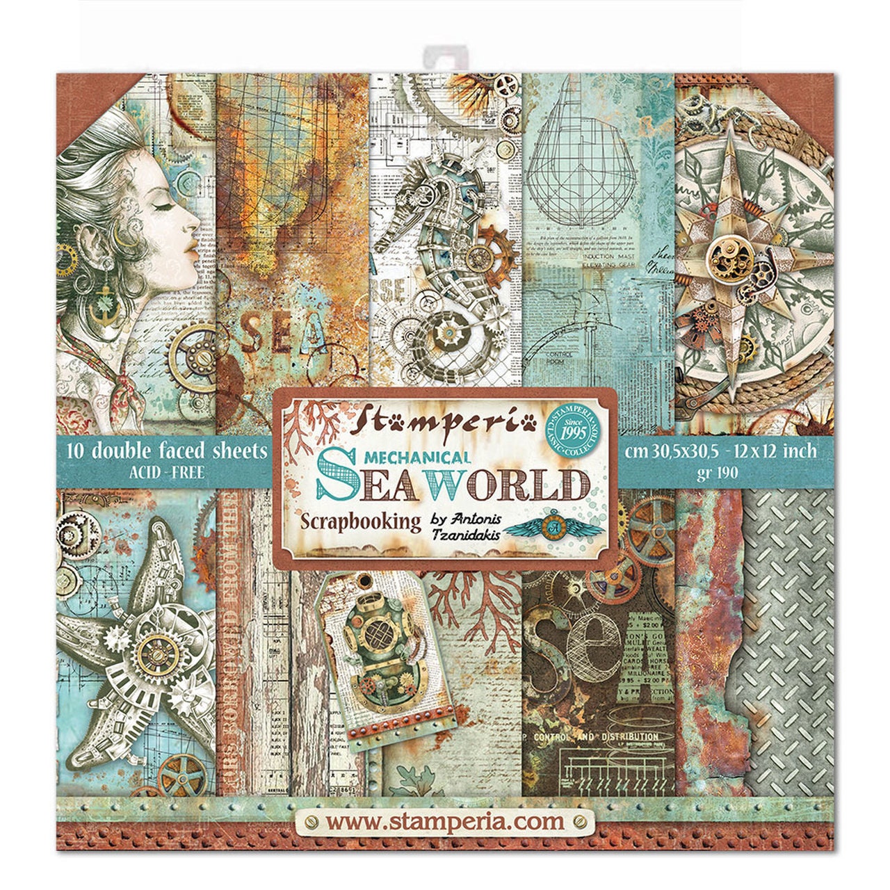 Stamperia MECHANICAL SEA WORLD 12x12 Double Faced Scrapbook Paper 10 Sheets #SBBL64