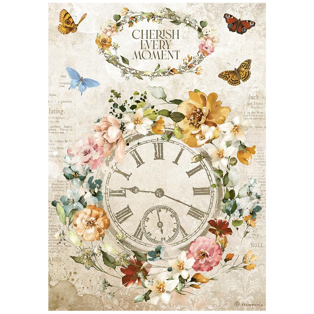 STAMPERIA  A4 Decoupage GARDEN of PROMISES Cherish Every Moment Clock Rice Paper #DFSA4689