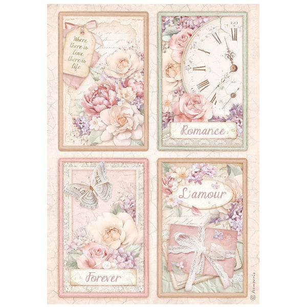Stamperia ROMANCE Forever 4 CARDS Decoupage Rice Paper A4 #DFSA4833
